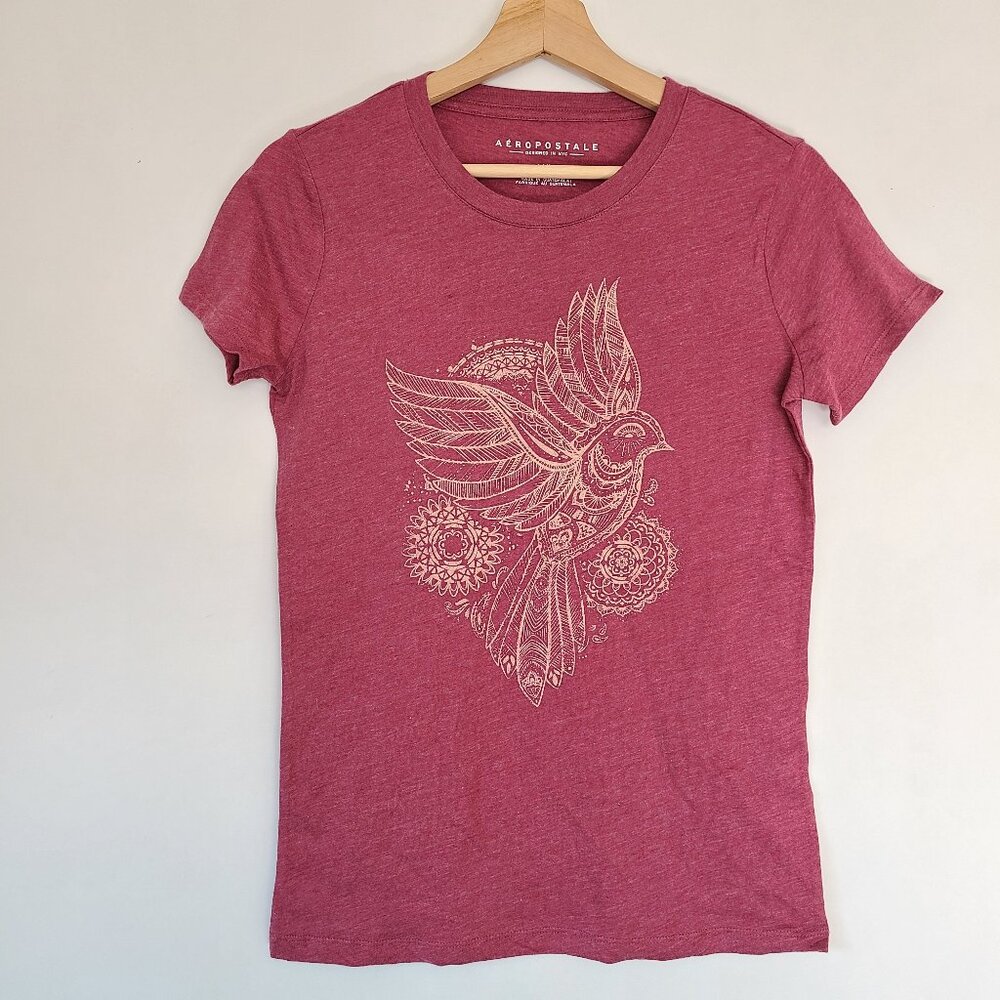 Aeropostale Burgundy Bird Graphic T-Shirt Size L - Junior
